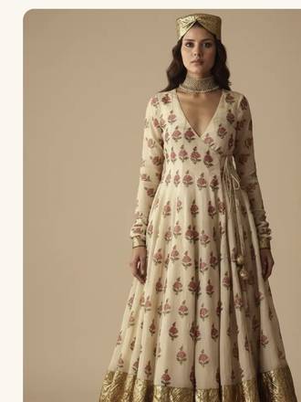 Beige Floral Print Anarkali Suit