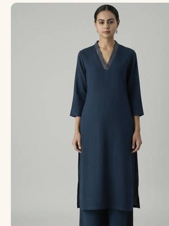 Navy Blue Embroidered V-Neck Kurti Set